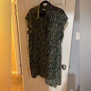 Olive Green Printed Shirt Dress or tunic  with Pink & Black Accents